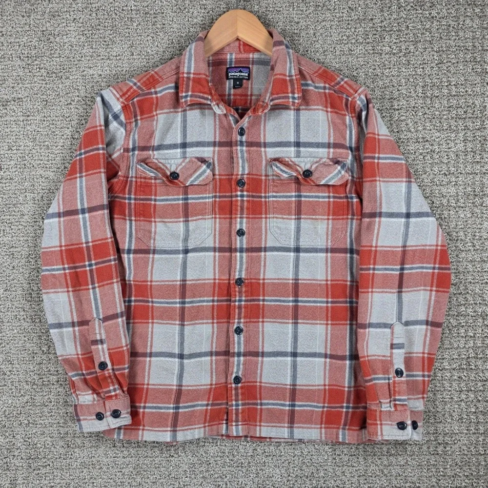 Patagonia Mens‎ Cotton Fjord Flannel Shirt Medium Orange Long Sleeve Plaid